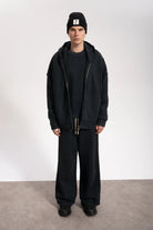 Erkek Oversized Washed Raw Seam Zip Hoodie - Siyah