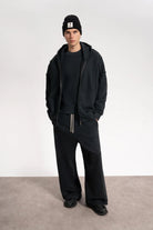 Erkek Oversized Washed Raw Seam Zip Hoodie - Siyah