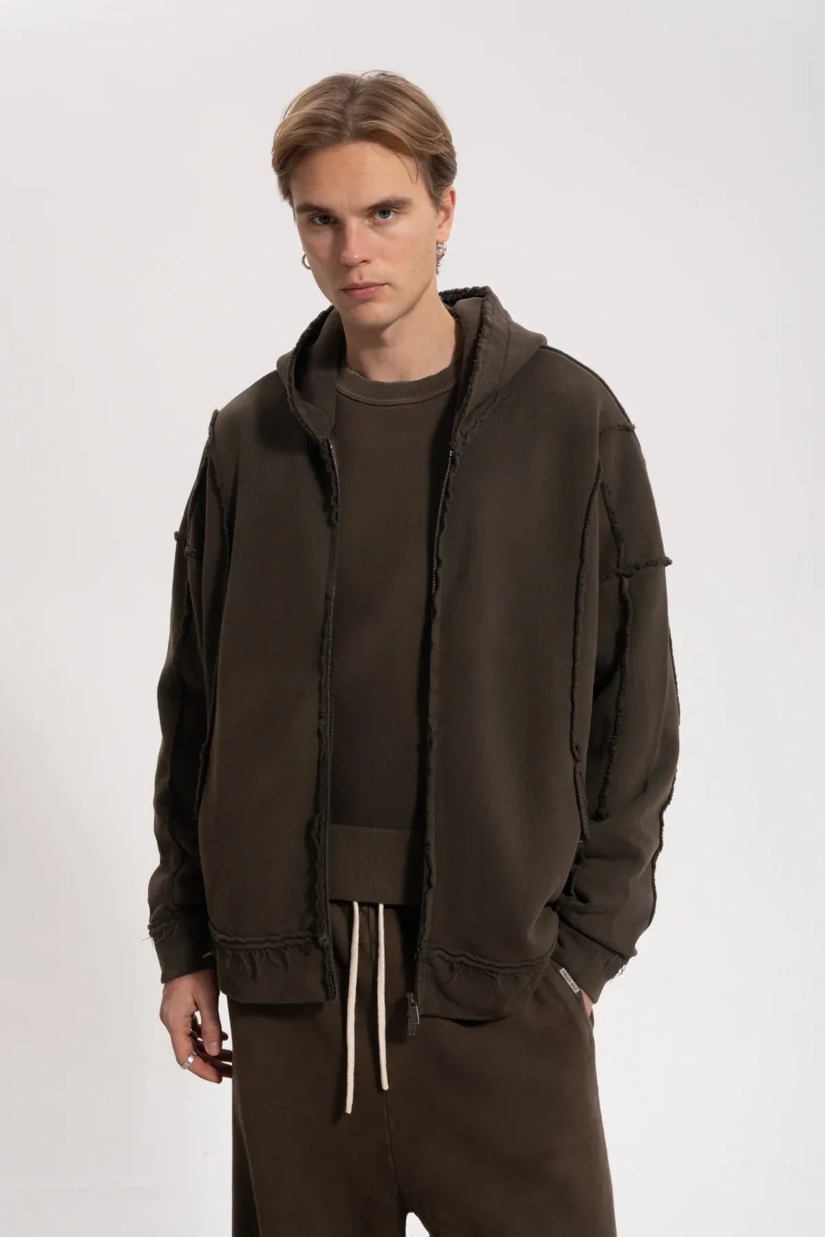 Erkek Oversized Washed Raw Seam Zip Hoodie - Kahverengi