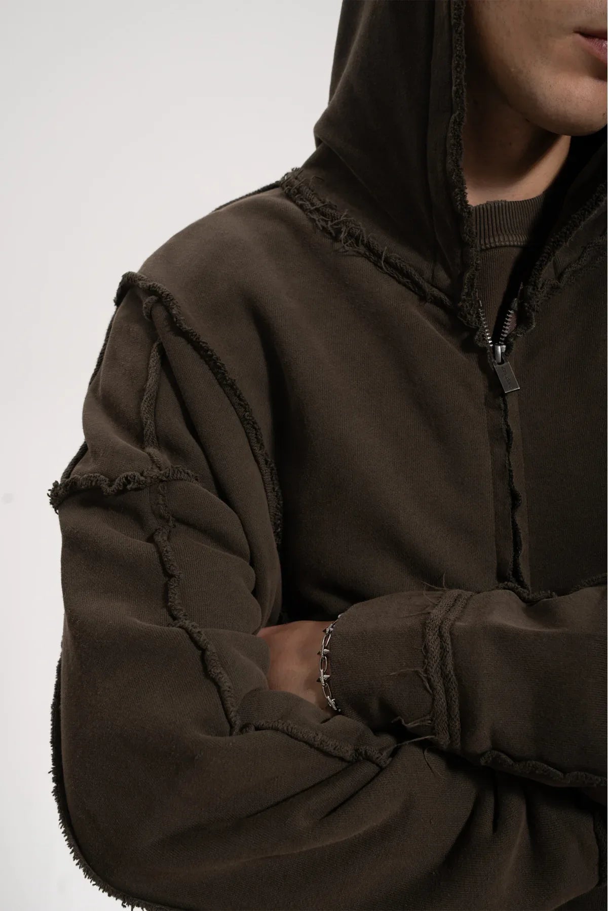 Erkek Oversized Washed Raw Seam Zip Hoodie - Kahverengi