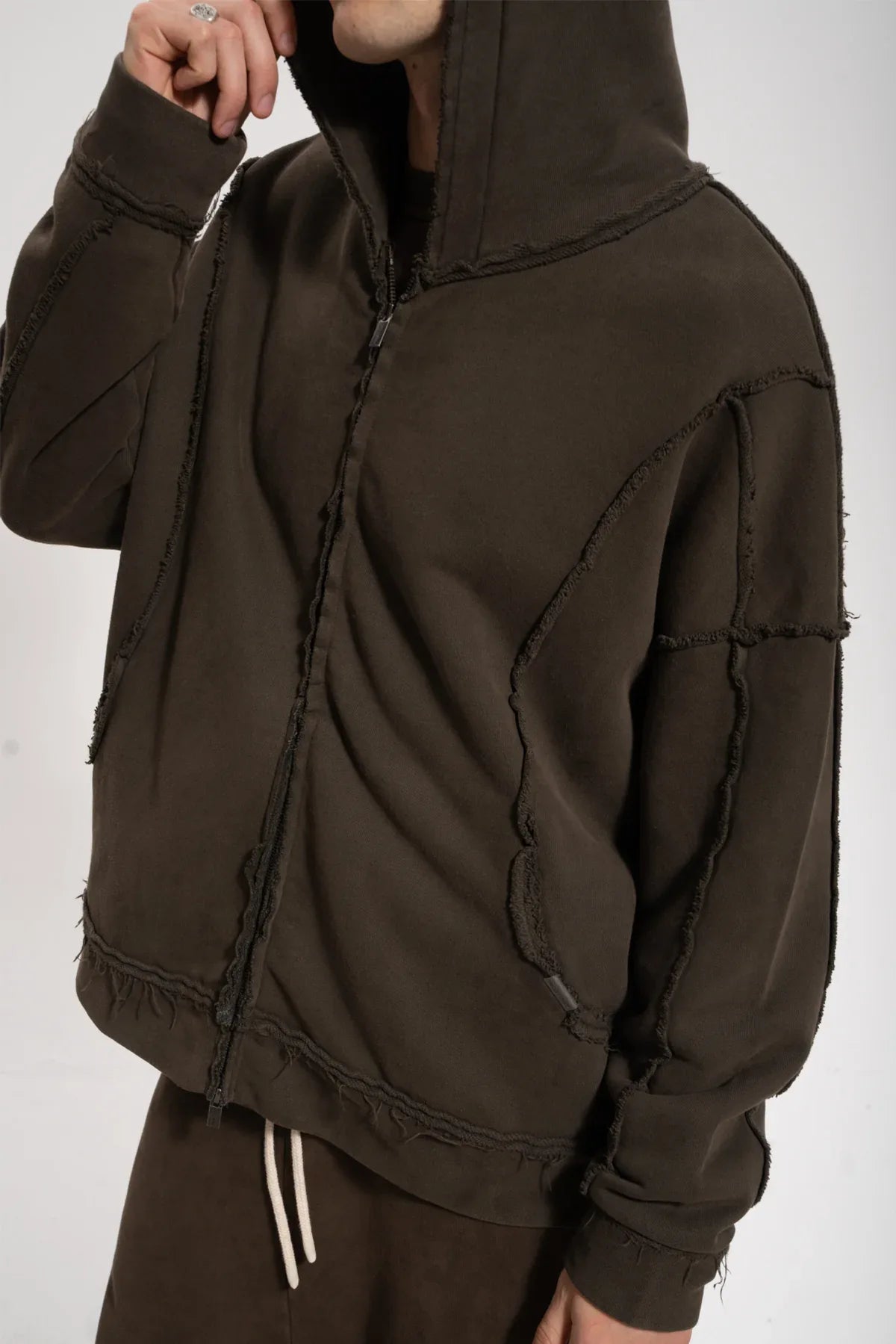 Erkek Oversized Washed Raw Seam Zip Hoodie - Kahverengi