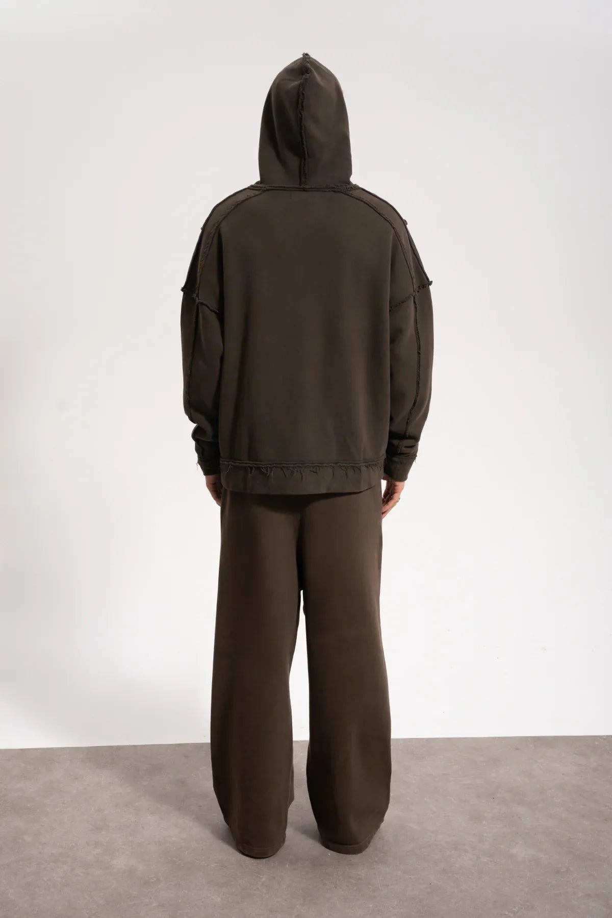 Erkek Oversized Washed Raw Seam Zip Hoodie - Kahverengi