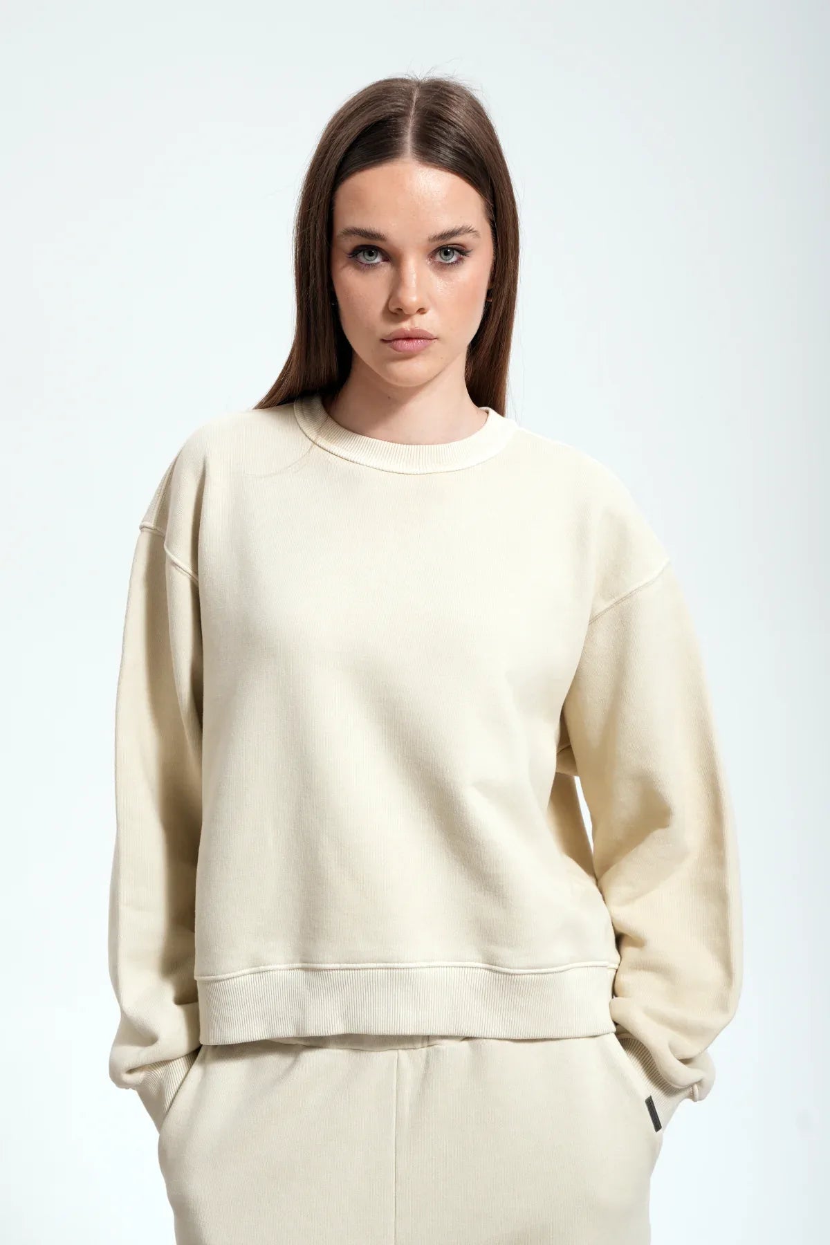 Kadın Boxy Fit Oversized Washed Sweatshirt - Bej