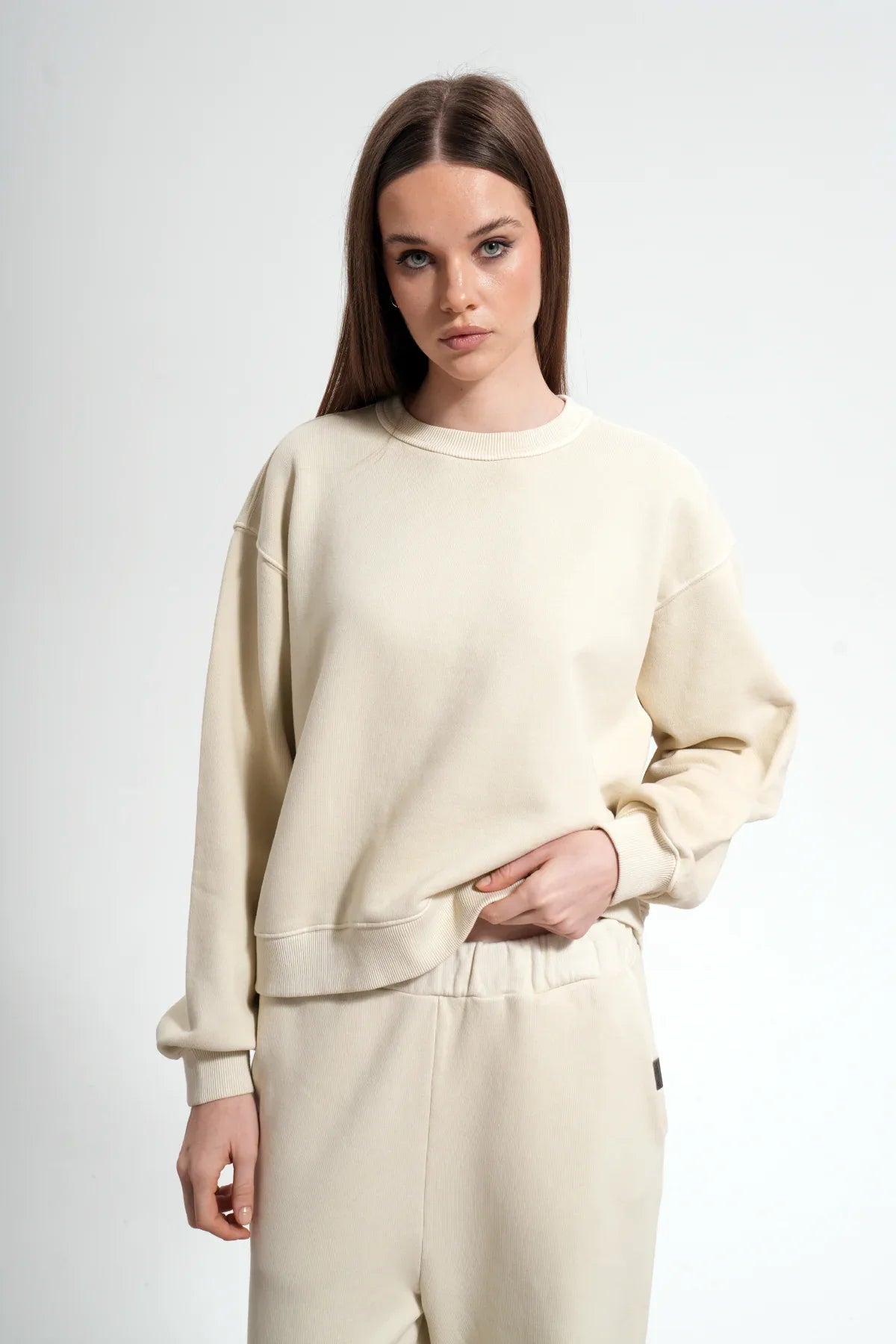 Kadın Boxy Fit Oversized Washed Sweatshirt - Bej