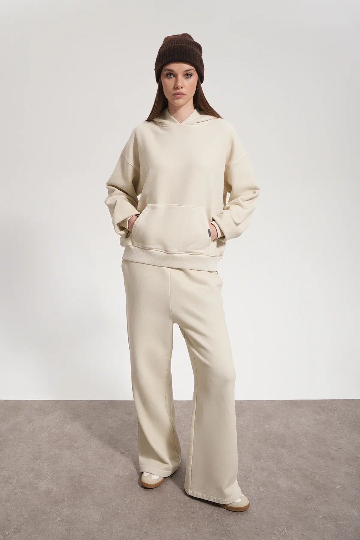 Kadın Flared Wide Leg Washed Sweatpants - Bej