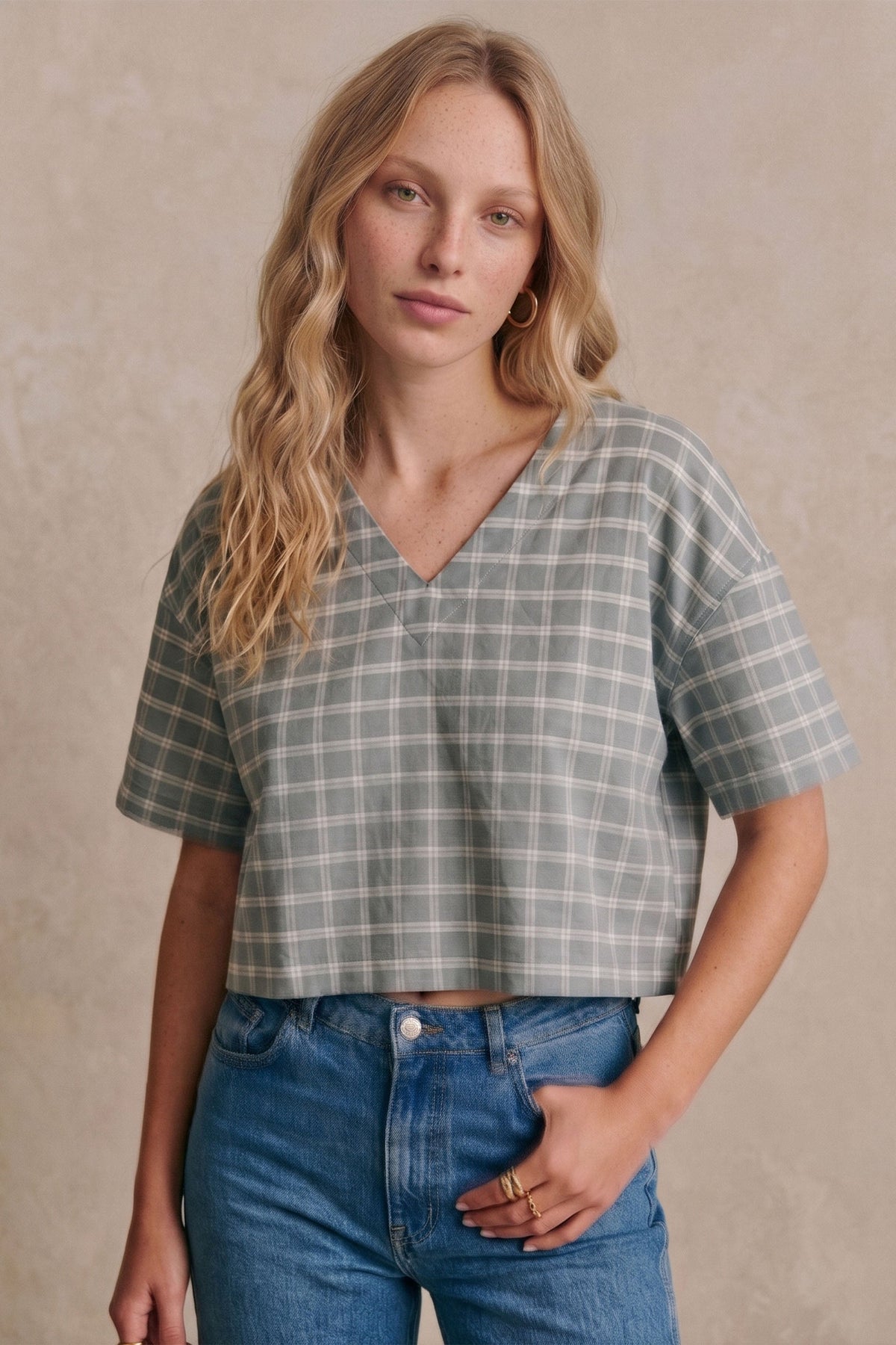 Siena Crop Üst | Lonse Linen | Krem-Toprak & Krem-Mavi Taş