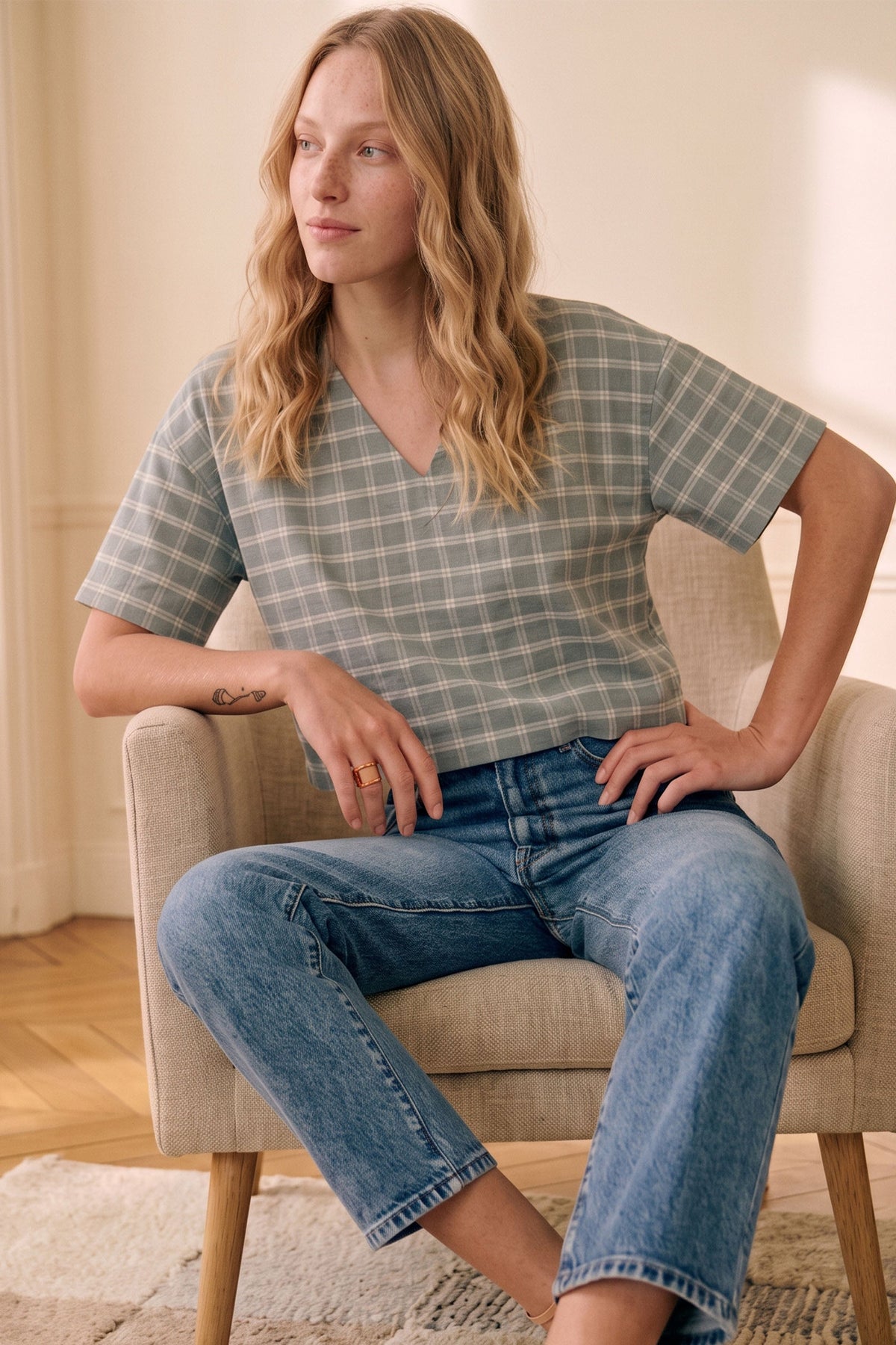 Siena Crop Üst | Lonse Linen | Krem-Toprak & Krem-Mavi Taş