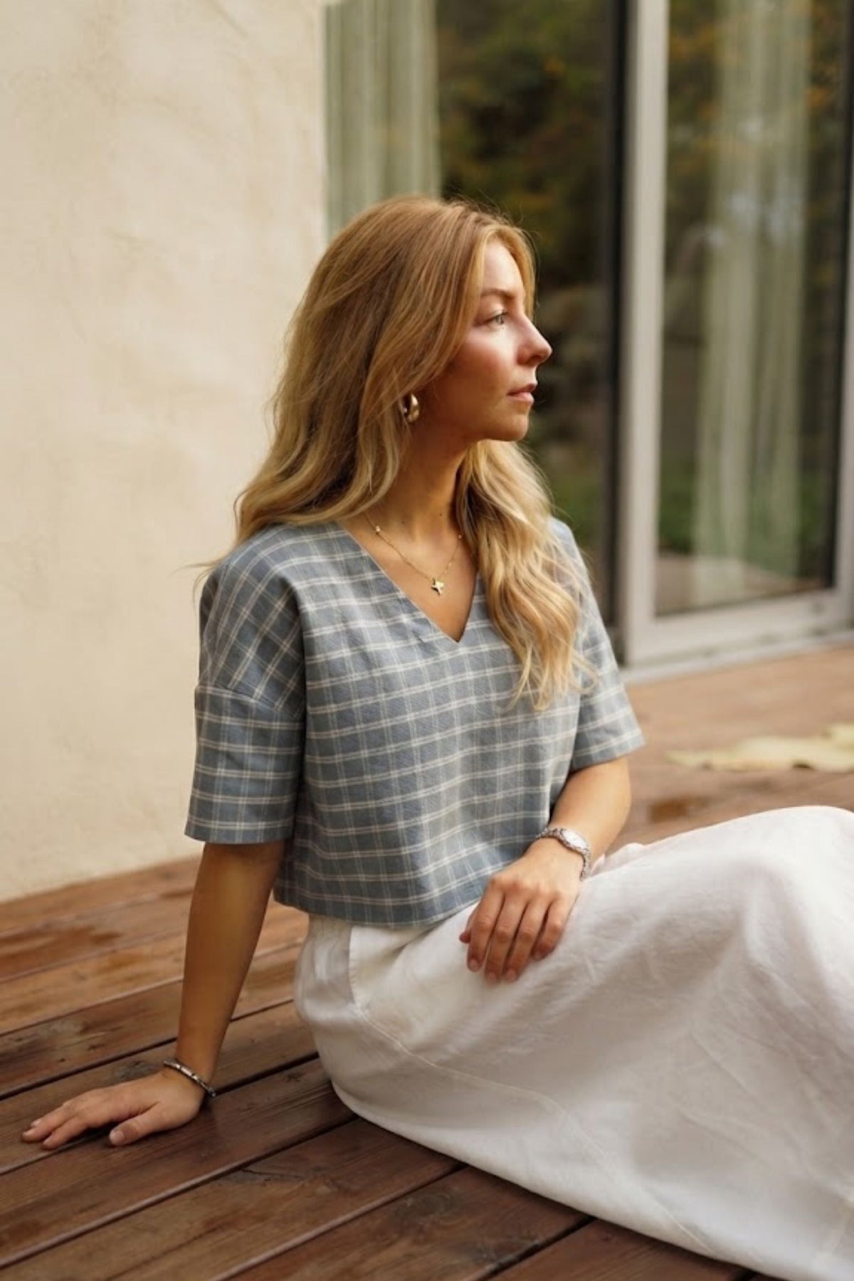 Siena Crop Üst | Lonse Linen | Krem-Toprak & Krem-Mavi Taş