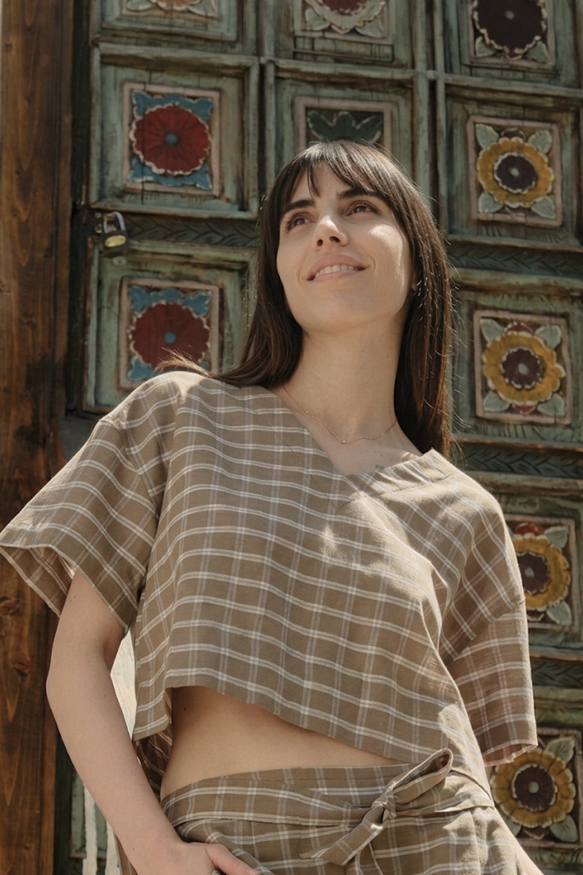 Siena Crop Üst | Lonse Linen | Krem-Toprak & Krem-Mavi Taş