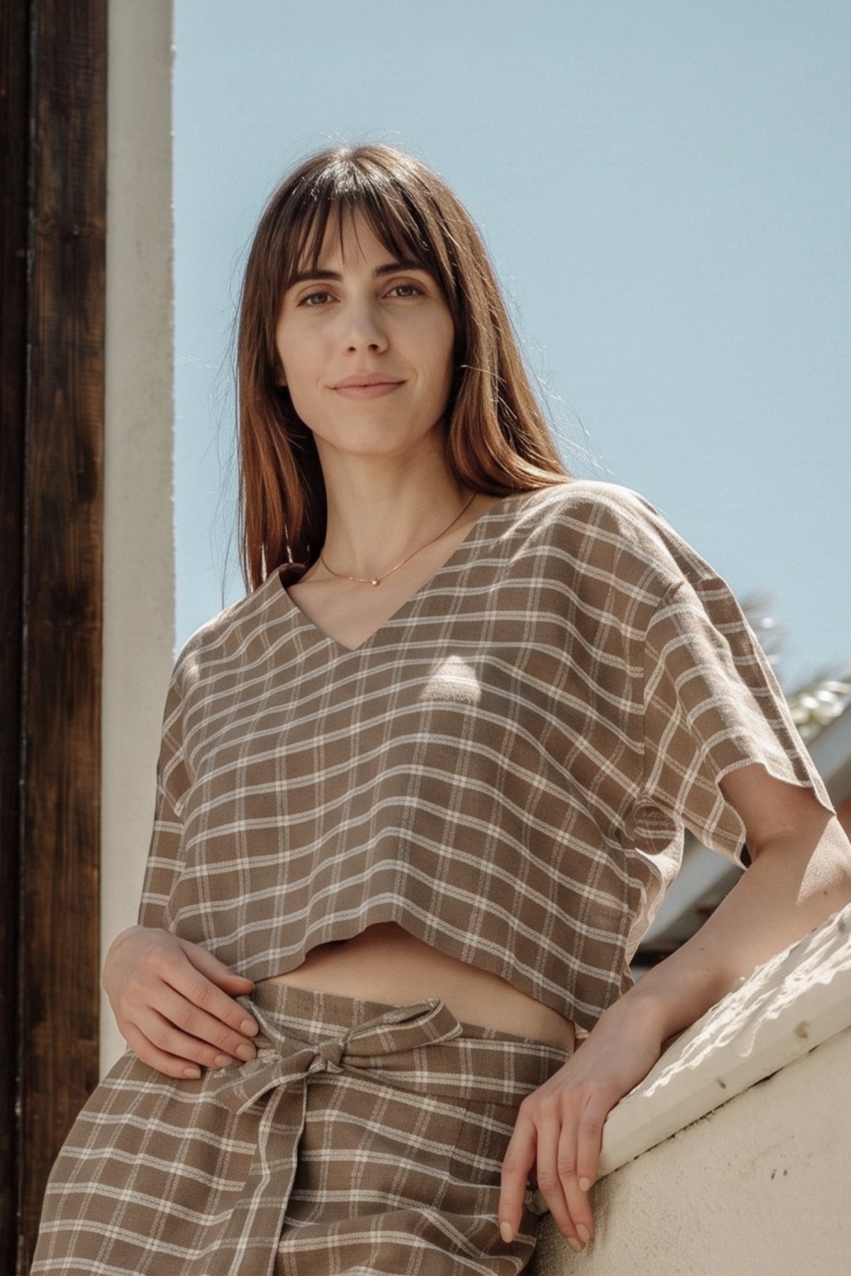 Siena Crop Üst | Lonse Linen | Krem-Toprak & Krem-Mavi Taş
