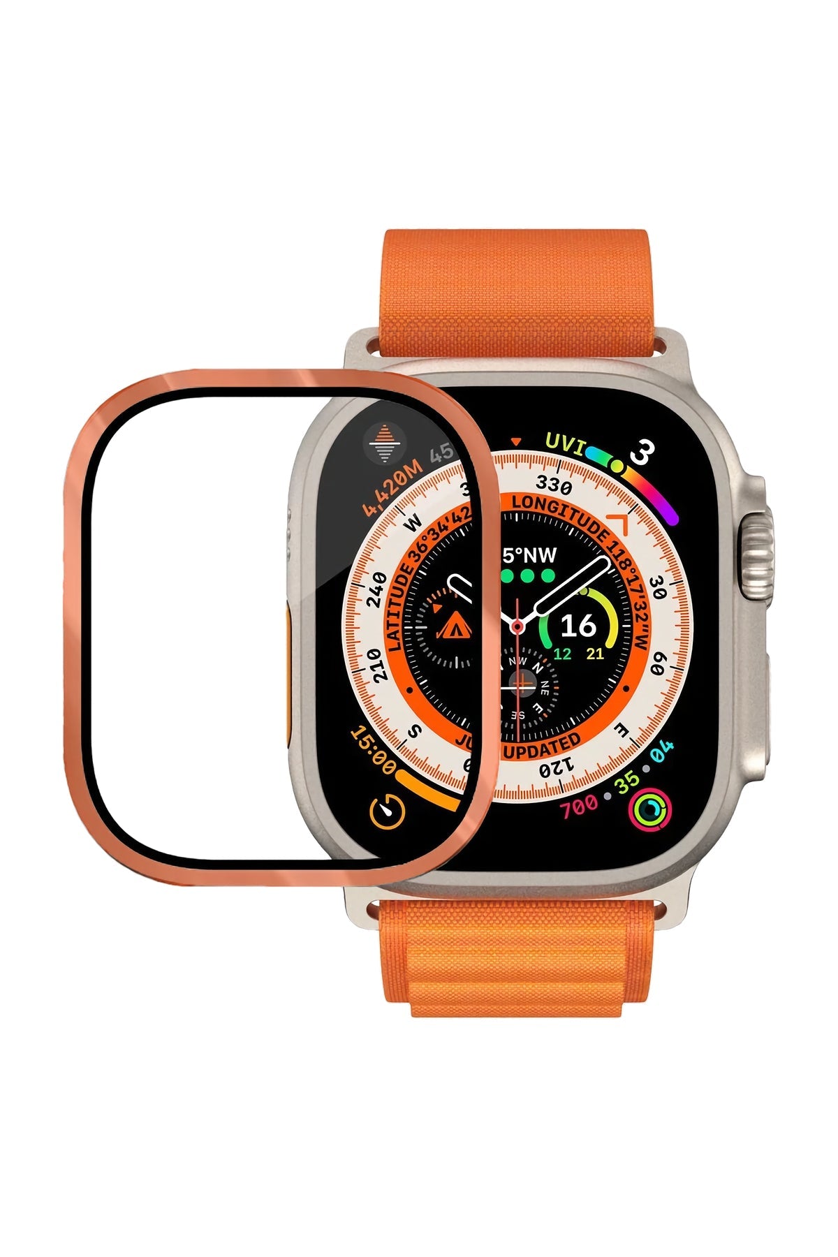 Apple Watch Ultra Uyumlu Metal Çerçeveli İNce Ekran Koruyucu Turuncu