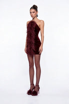 Tüy Detayli Bordo KadiFe MiNi Bodycon ElbiSe