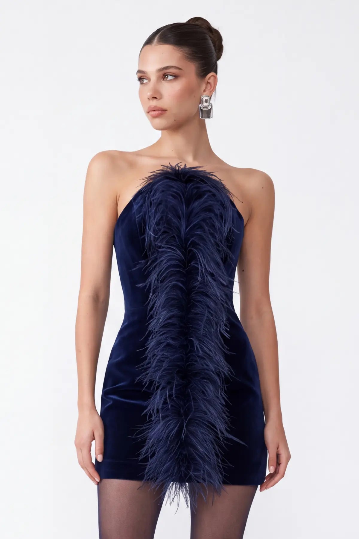Tüy Detayli LaciVert KadiFe MiNi Bodycon ElbiSe