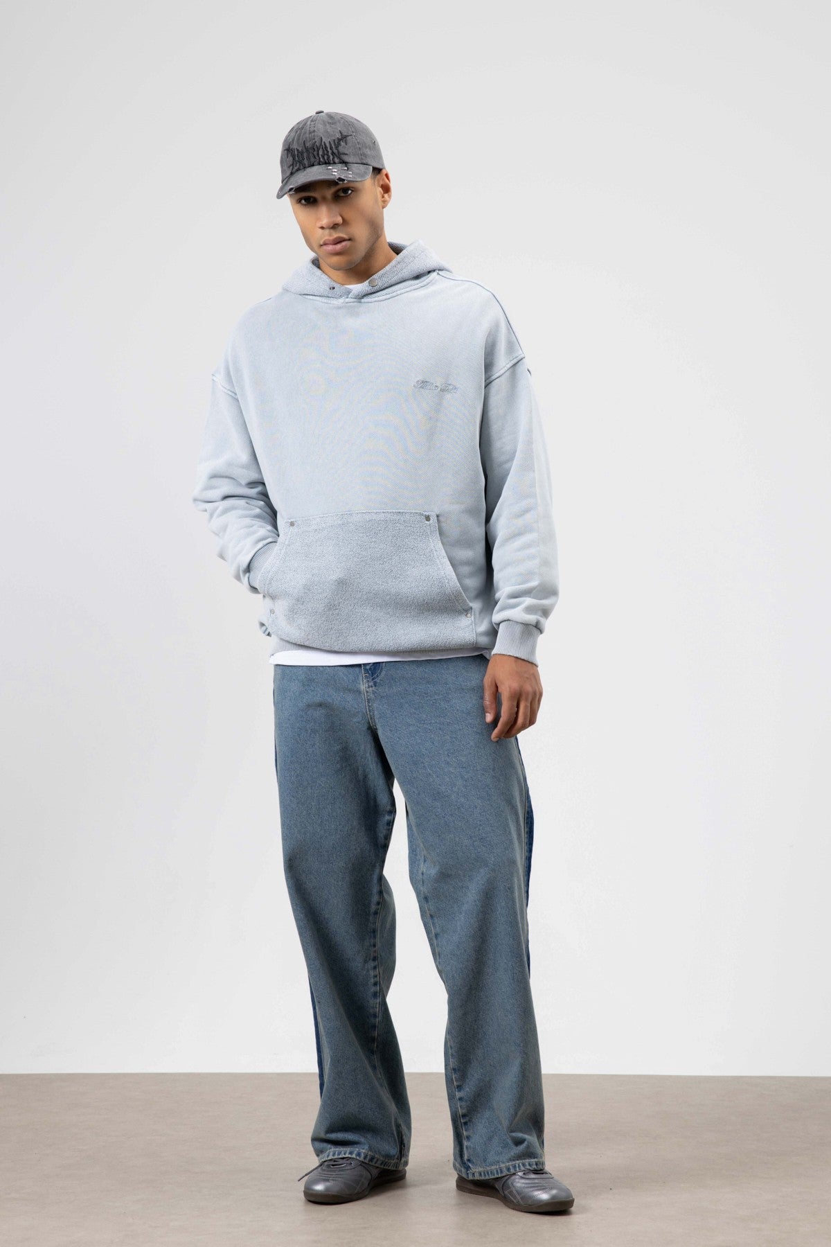 Oversize Yıkamalı Baskılı Kapüşonlu Sweatshirt