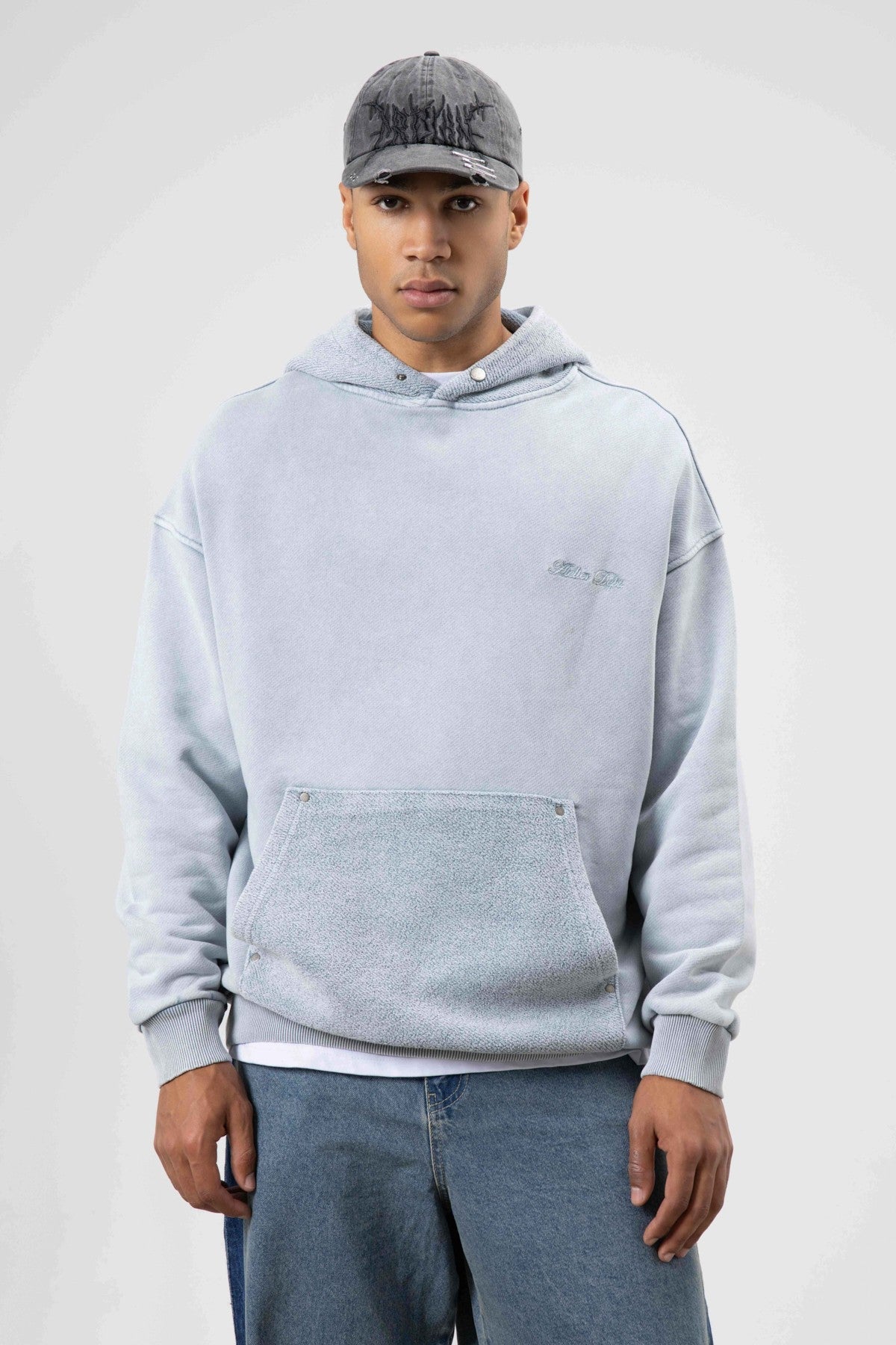 Oversize Yıkamalı Baskılı Kapüşonlu Sweatshirt