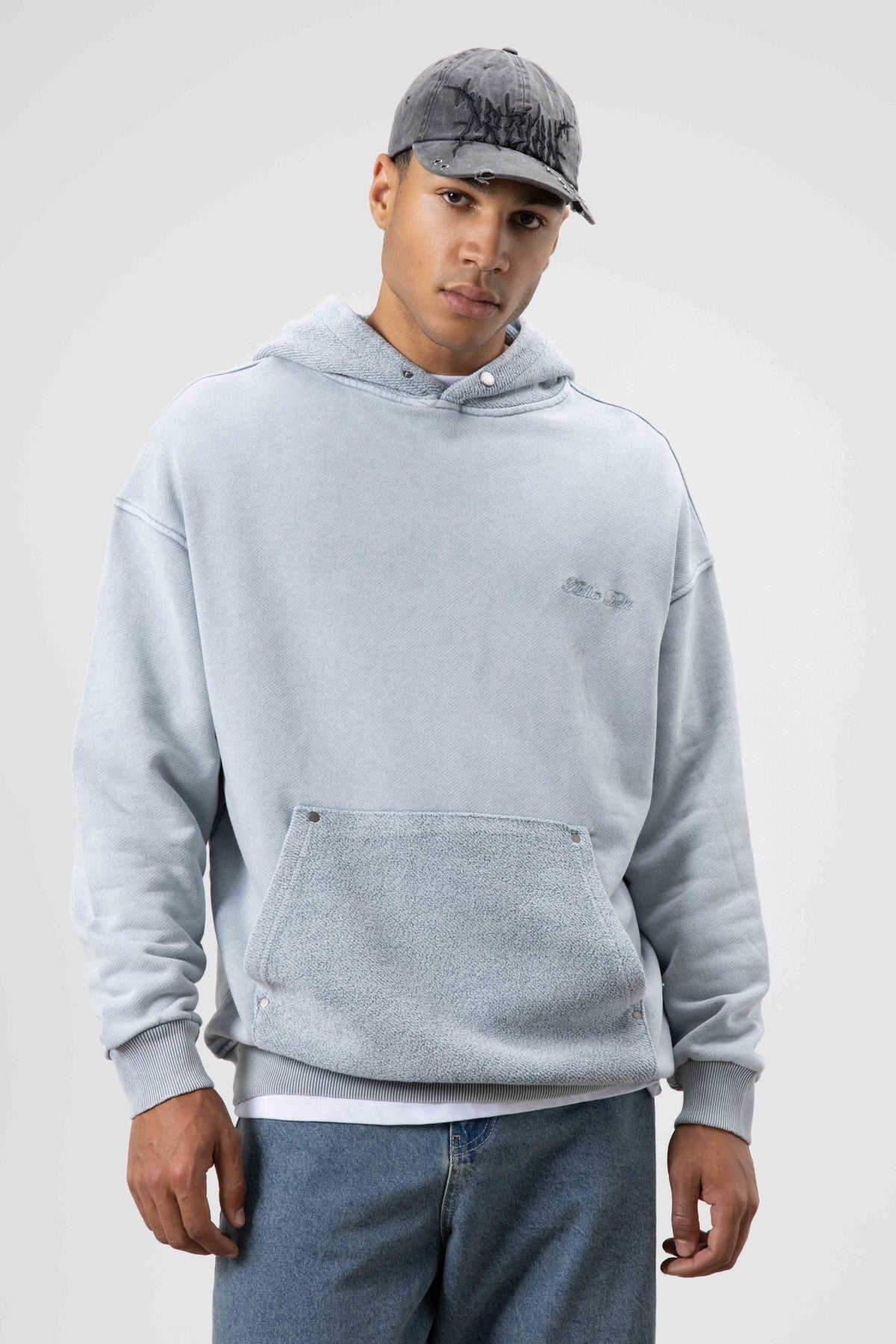 Oversize Yıkamalı Baskılı Kapüşonlu Sweatshirt