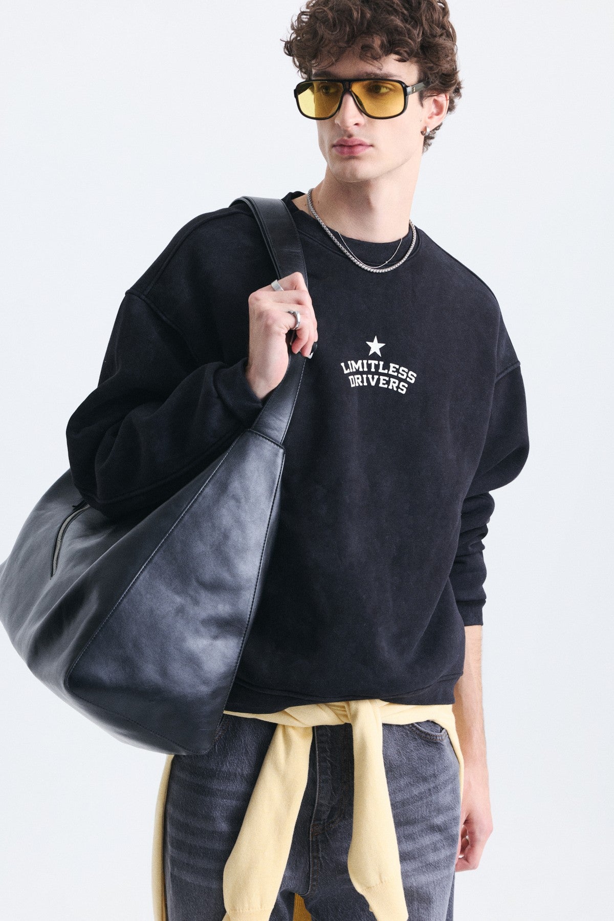 Overize Baskılı Bisiklet Yaka Sweatshirt