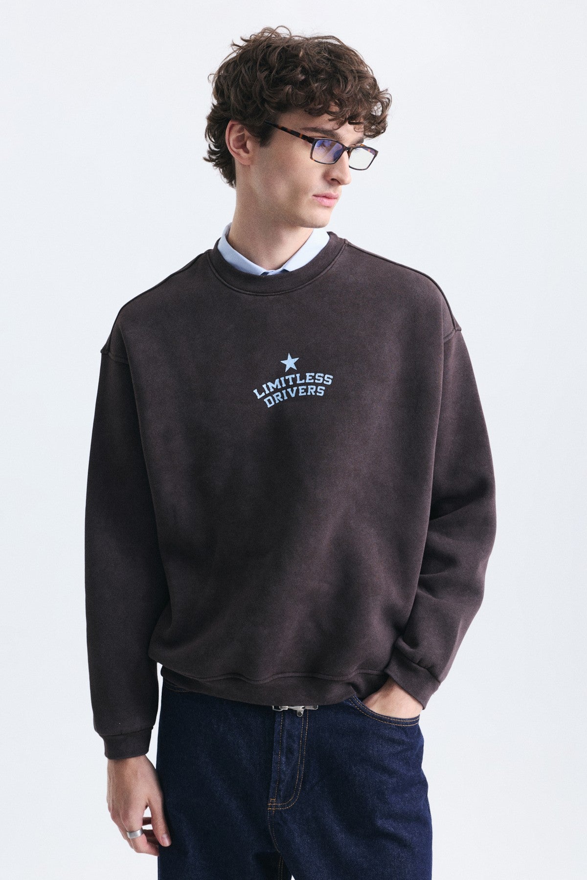 Overize Baskılı Bisiklet Yaka Sweatshirt