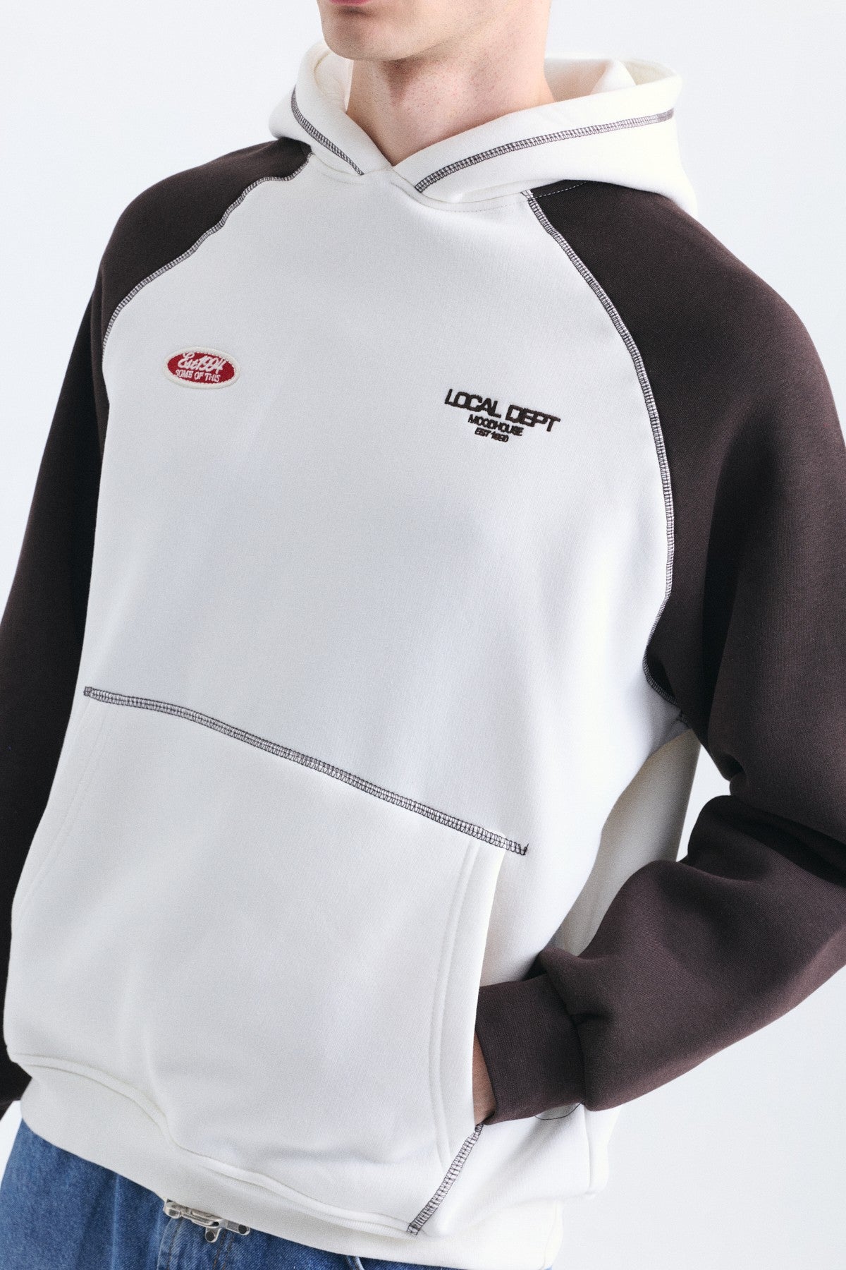 Renk Bloklu Kanguru Cepli Kapüşonlu Sweatshirt