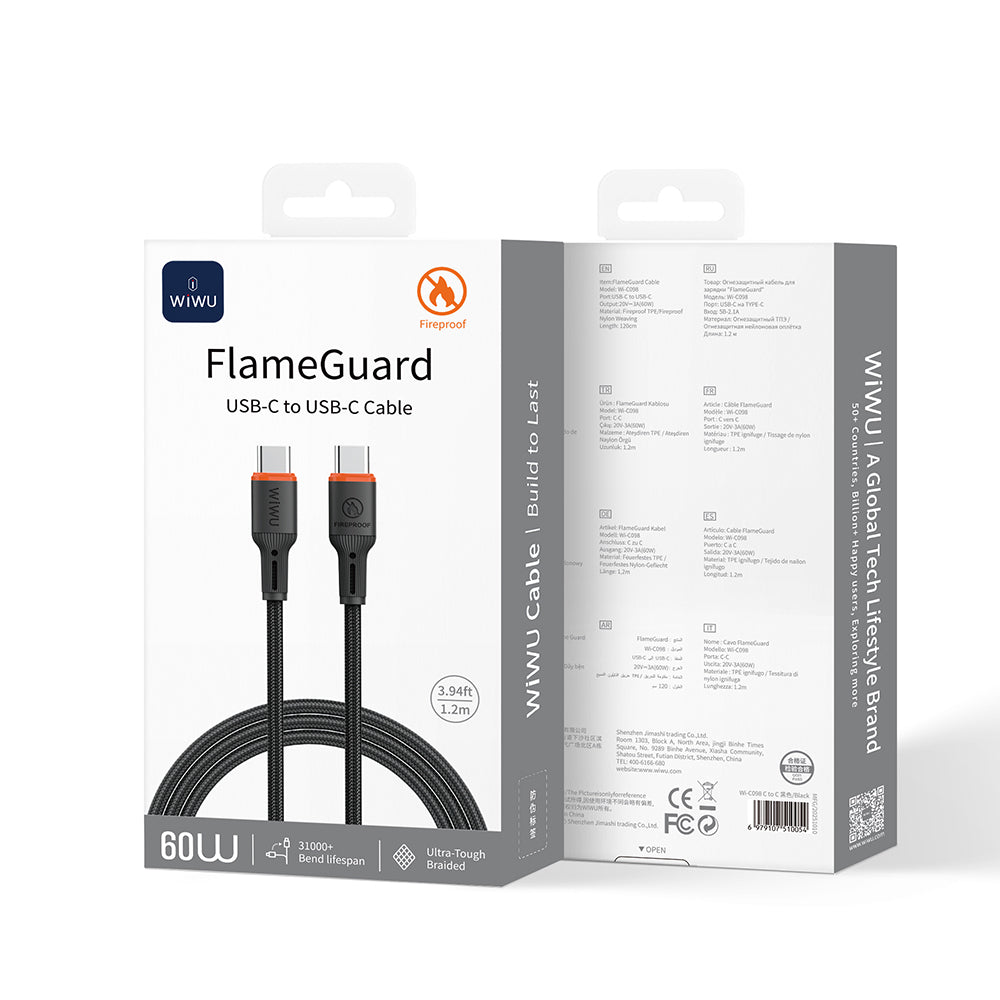 Wi-C098 Flameguard Type-C To Type-C 60W Hızlı Şarj Ve Data Kablosu 1.2M