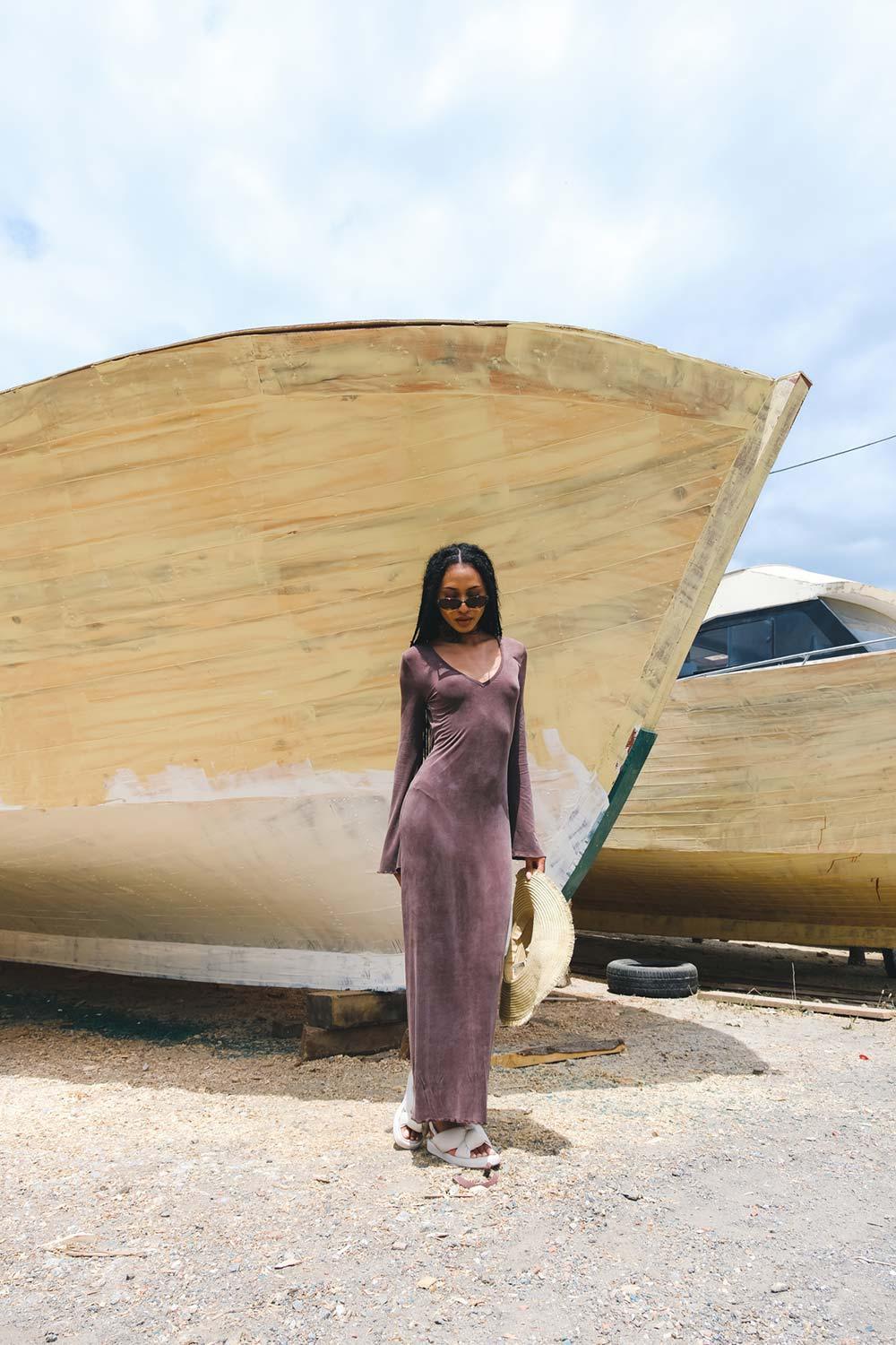 Kahshan-Goddess Brown Maxi Bamboo Dress-Elbise-1-Milagron.com
