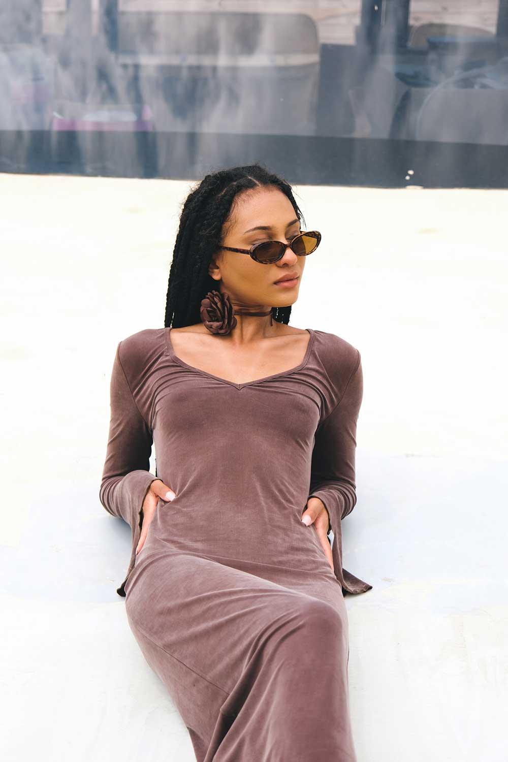 Kahshan-Goddess Brown Maxi Bamboo Dress-Elbise-5-Milagron.com