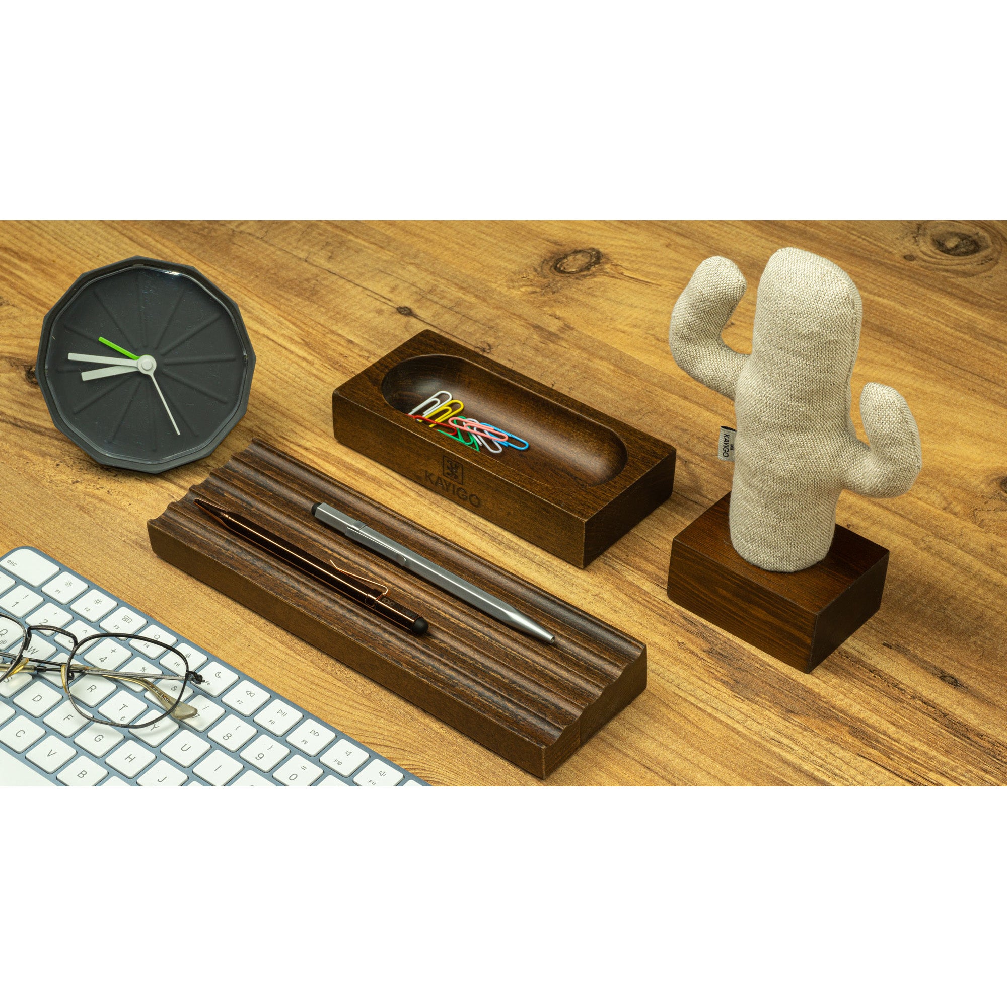 Kayigo-Woody Koyu Kahverengi Ahşap üçlü Ofis Seti Bej Kaktüs-Masaüstü Organizer-3-Milagron.com