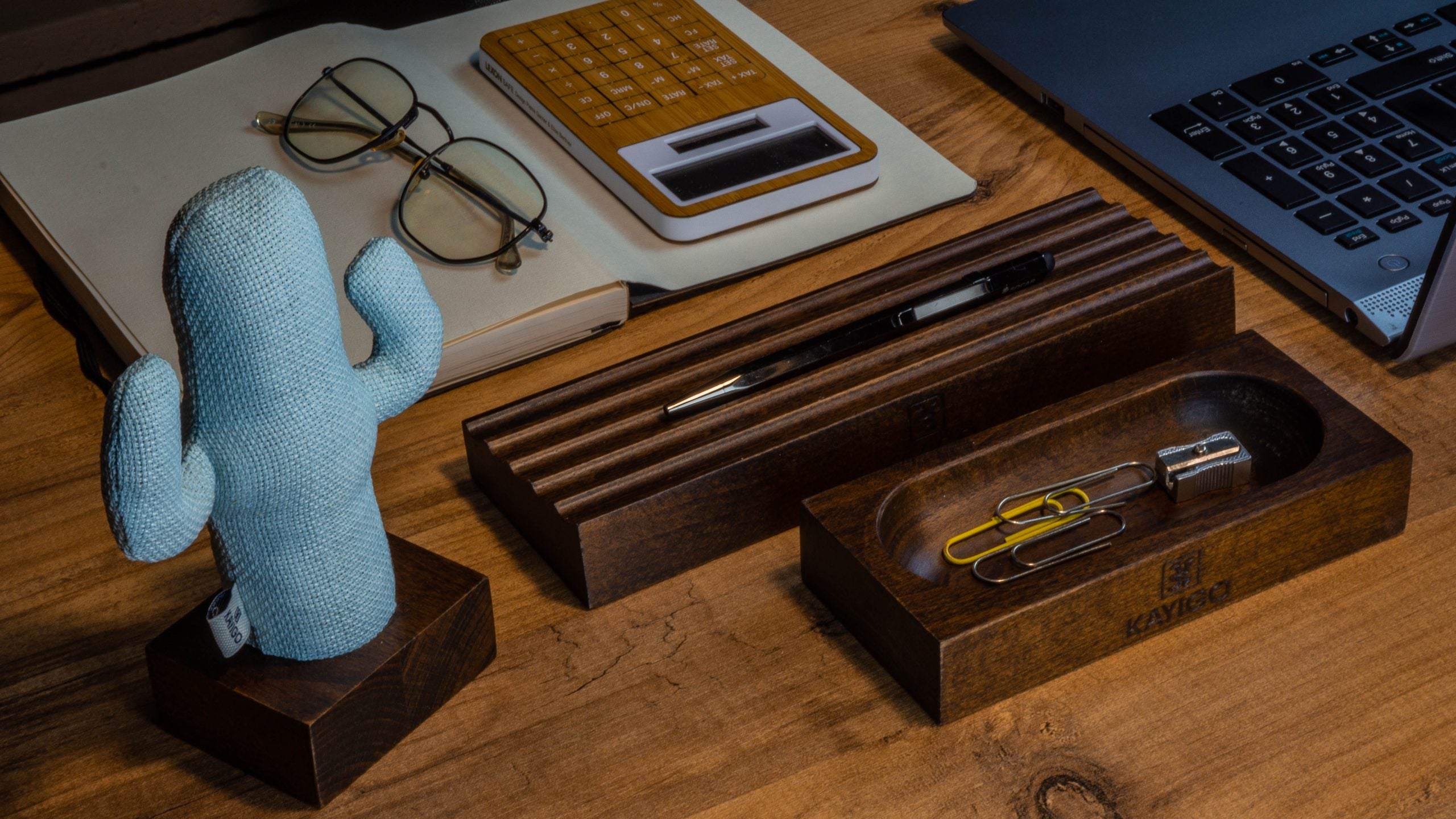 Kayigo-Woody Koyu Kahverengi üçlü Ofis Seti Mavi Kaktüs-Masaüstü Organizer-1-Milagron.com