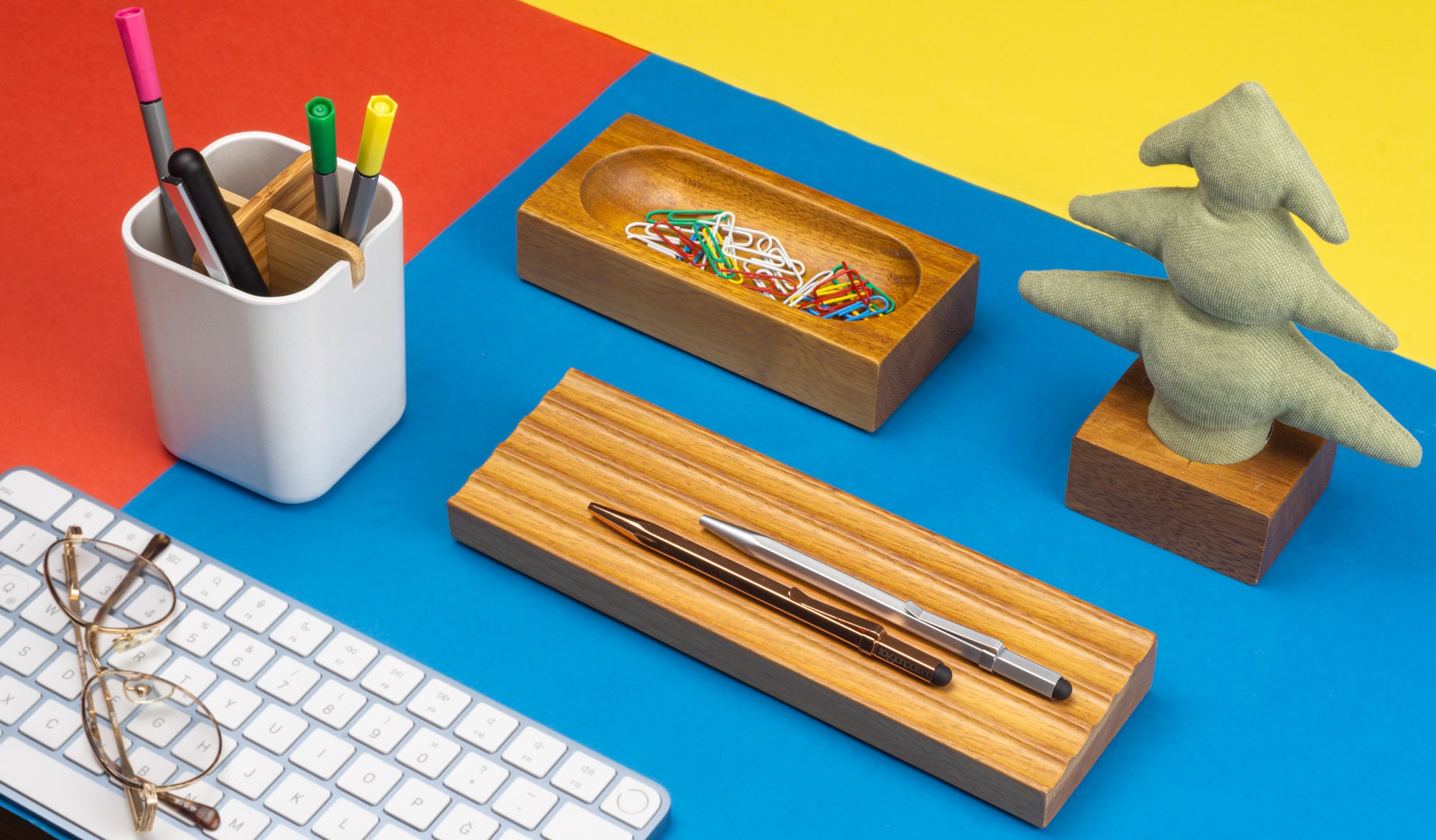 Kayigo-Woody Yeşil çam üçlü Set İroko Ağacı-Masaüstü Organizer-2-Milagron.com