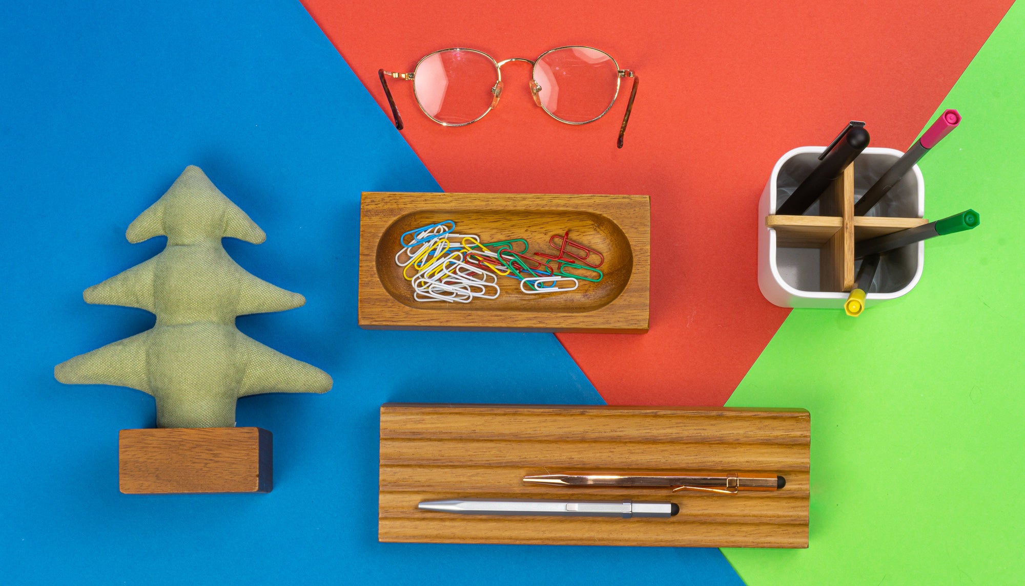 Kayigo-Woody Yeşil çam üçlü Set İroko Ağacı-Masaüstü Organizer-3-Milagron.com