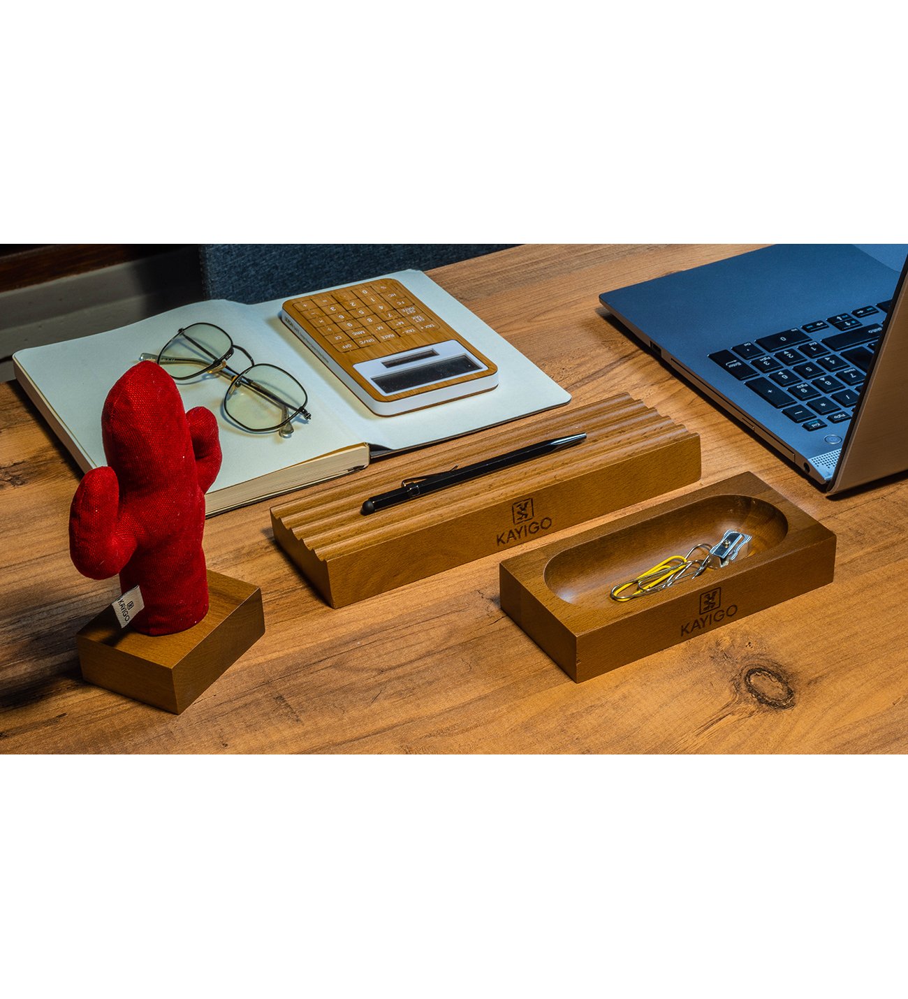 Kayigo-Woody üçlü Ofis Seti Açık Kahverengi Kırmızı Kaktüs-Masaüstü Organizer-3-Milagron.com