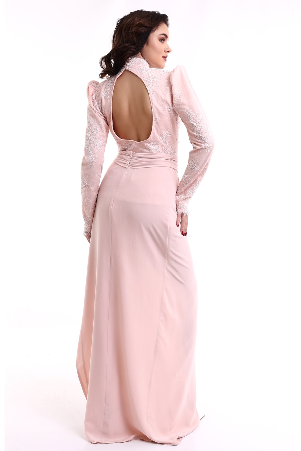 Silk Parade-İpek Pudra Rengi Gece Elbisesi-Elbise-3-Milagron.com