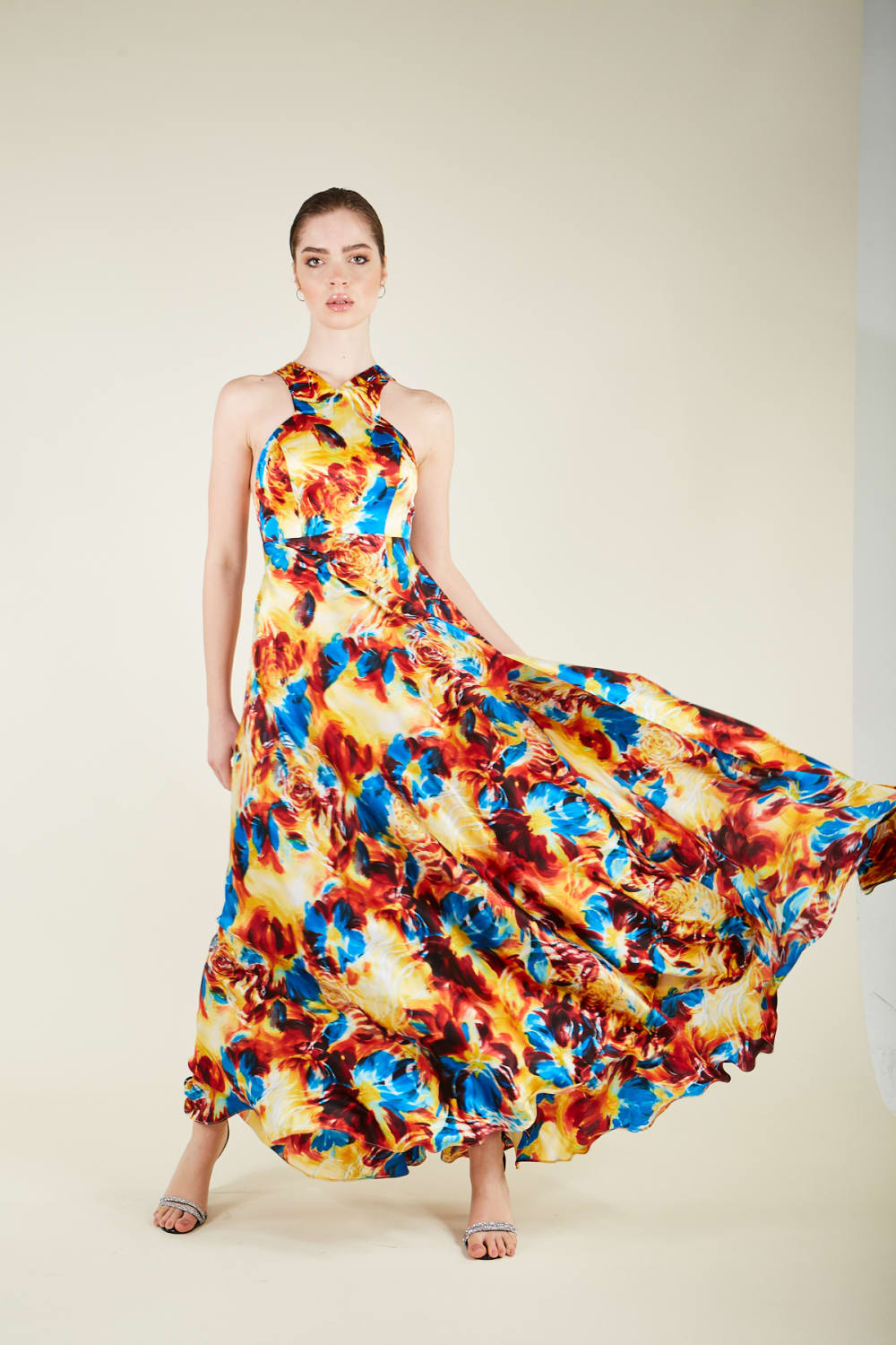 Silk Parade-Saf İpek Saten Kırmızı Desenli Gece Elbisesi-Elbise-1-Milagron.com