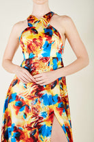 Silk Parade-Saf İpek Saten Kırmızı Desenli Gece Elbisesi-Elbise-3-Milagron.com