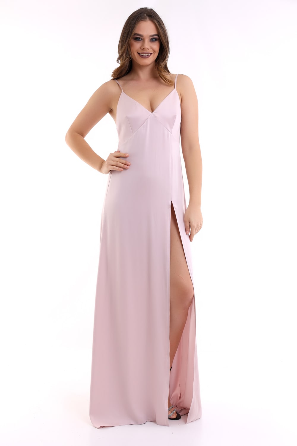 Silk Parade-Saf İpek Saten Pudra Pembesi Gece Elbisesi-Elbise-2-Milagron.com