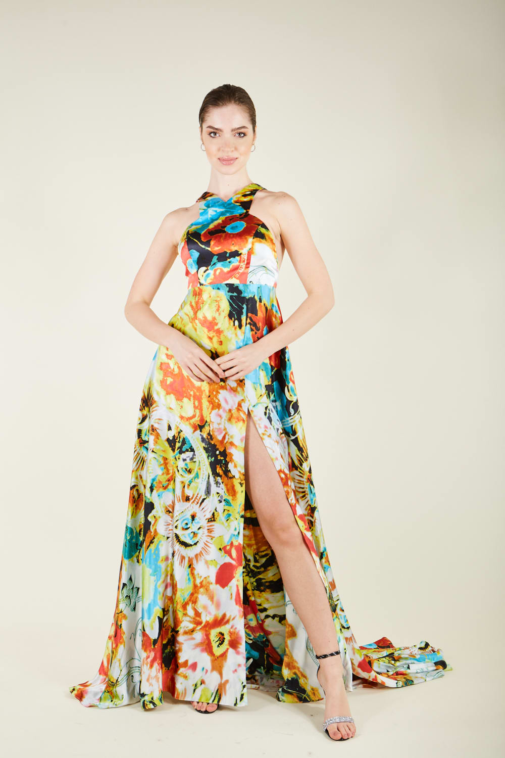 Silk Parade-Saf İpek Saten Sarı Desenli Gece Elbisesi-Elbise-1-Milagron.com