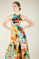 Silk Parade-Saf İpek Saten Sarı Desenli Gece Elbisesi-Elbise-2-Milagron.com