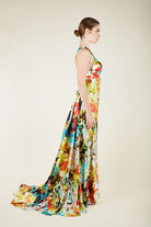 Silk Parade-Saf İpek Saten Sarı Desenli Gece Elbisesi-Elbise-3-Milagron.com