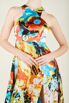 Silk Parade-Saf İpek Saten Sarı Desenli Gece Elbisesi-Elbise-4-Milagron.com