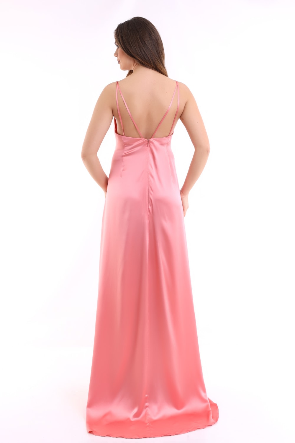 Silk Parade-Saf İpek Saten Somon Rengi Gece Elbisesi-Elbise-2-Milagron.com